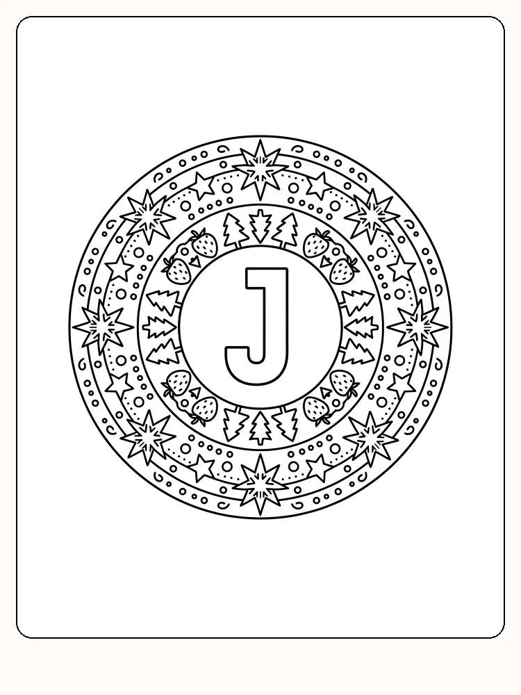 Fargeleggingstegning av julemotiv med sirkel fylt med stjerner, trær og bær