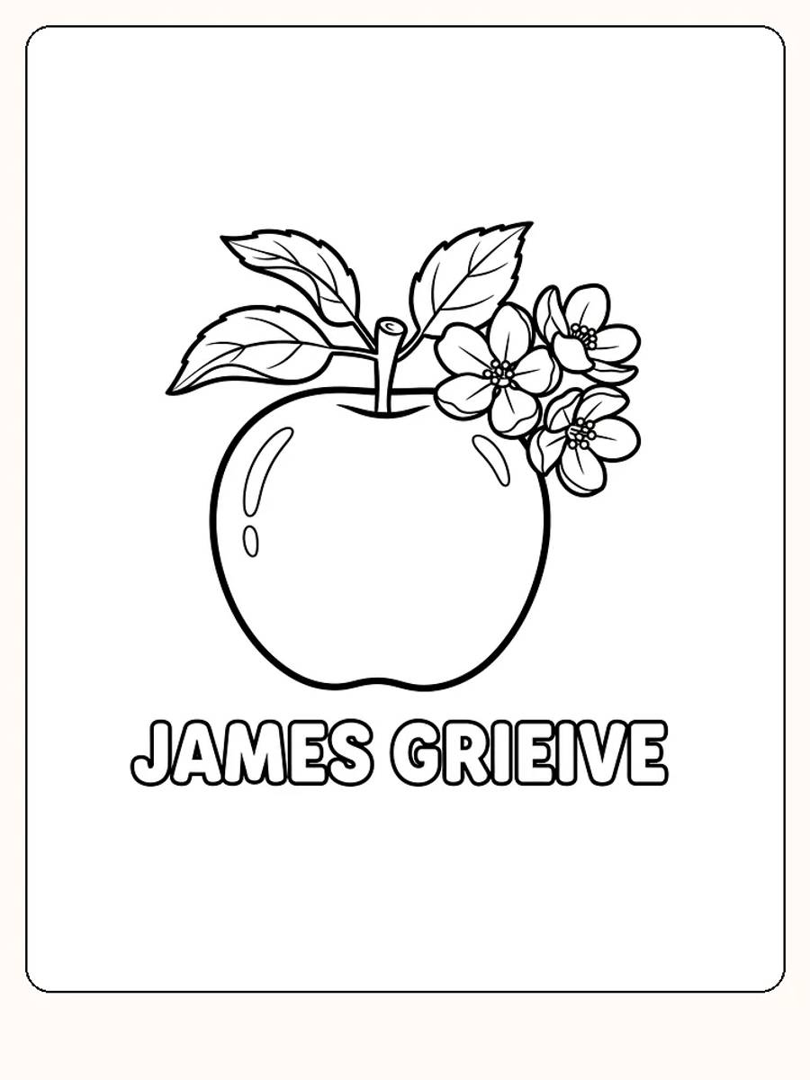 Tegning til farvelægning af et æble med blomster på toppen, klar til print