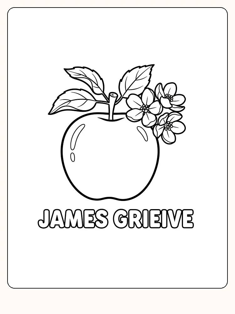 Tegning til farvelægning af et æble med blomster på toppen, klar til print
