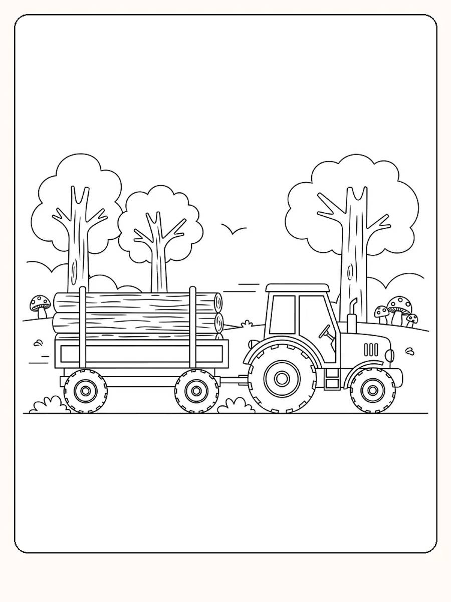 Fargeleggingstegning av traktor med tømmerlast i skog, klar for utskrift