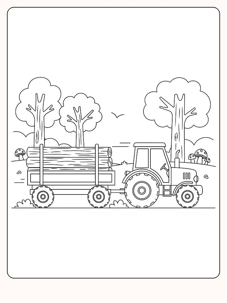 Fargeleggingstegning av traktor med tømmerlast i skog, klar for utskrift