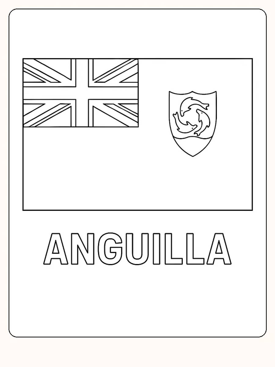Das Flagge von Anguilla mit Union Jack und einem Wappen mit Delfinen, bereit zum Ausmalen.