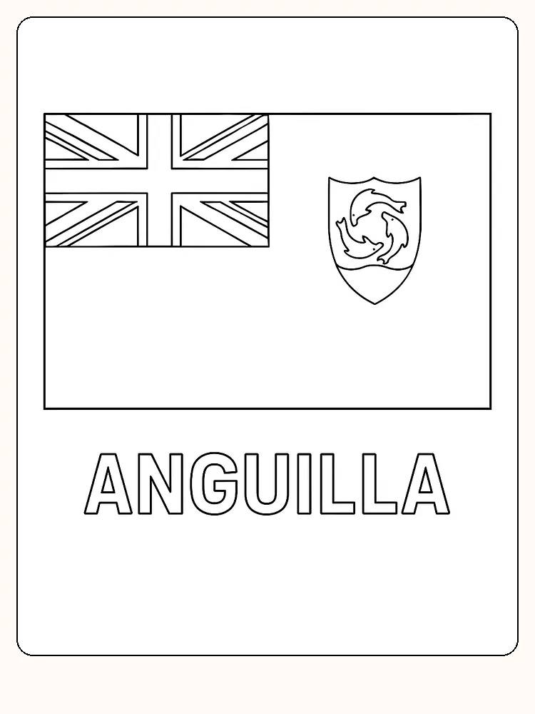 Das Flagge von Anguilla mit Union Jack und einem Wappen mit Delfinen, bereit zum Ausmalen.