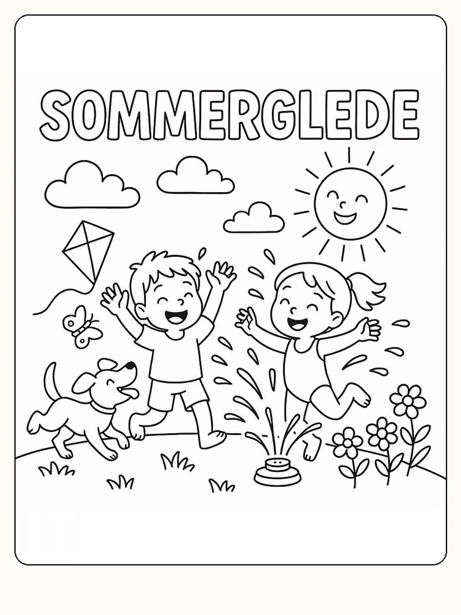 Tegning til farvelægning af børn og en hund, der leger i vandet med en sprinkler, omgivet af sommerglæde