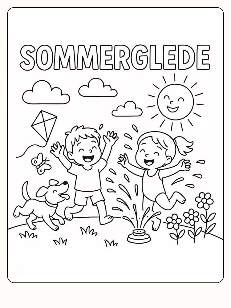Tegning til farvelægning af børn og en hund, der leger i vandet med en sprinkler, omgivet af sommerglæde