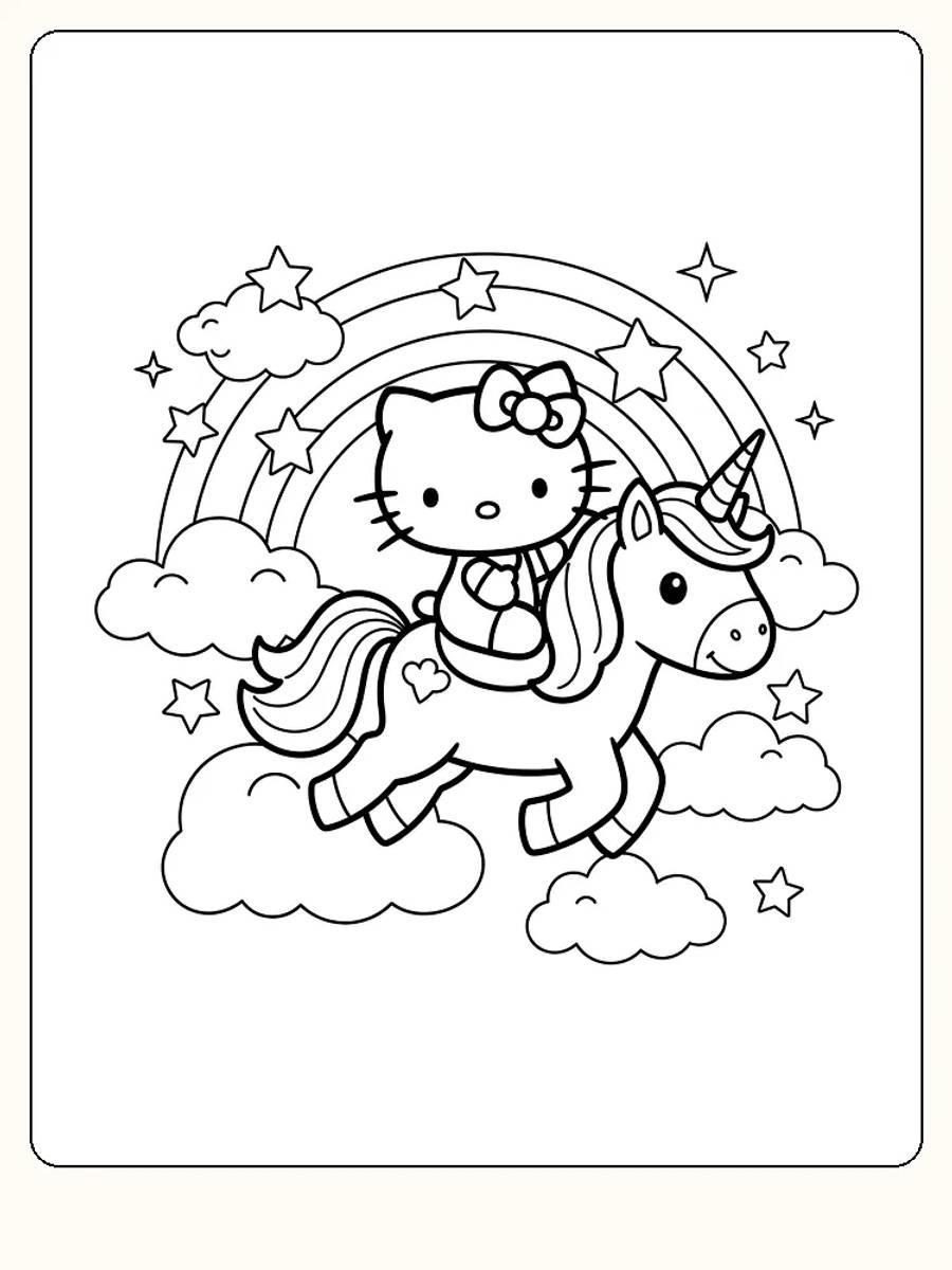 Tegning til farvelægning af Hello Kitty på en enhjørning med regnbue og skyer, klar til print