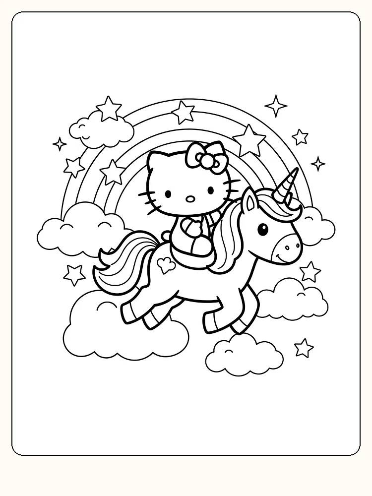 Tegning til farvelægning af Hello Kitty på en enhjørning med regnbue og skyer, klar til print