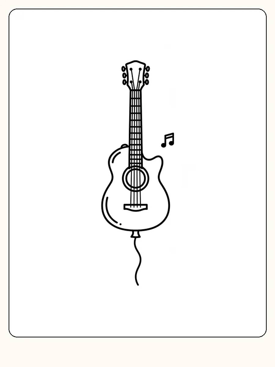 Tegning til farvelægning af en guitarformet ballon med noder ved siden af, perfekt til musikelskere