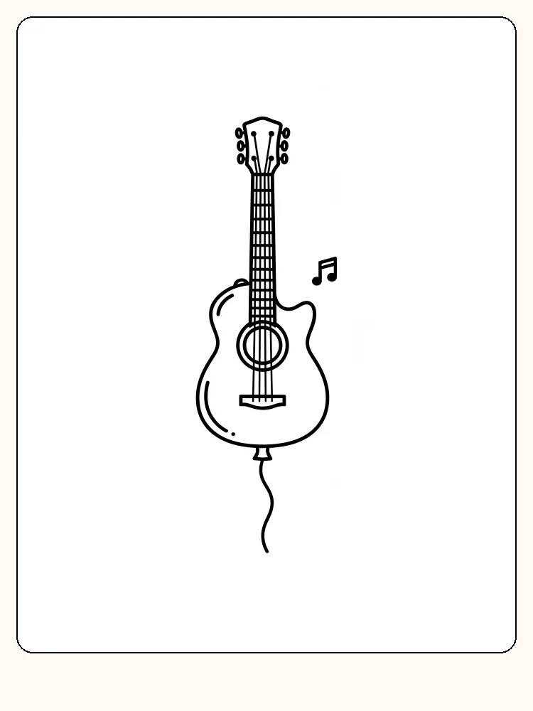 Tegning til farvelægning af en guitarformet ballon med noder ved siden af, perfekt til musikelskere