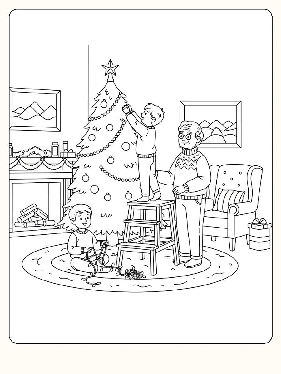 Tegning til farvelægning af en familie, der pynter juletræ, med stjerne i toppen