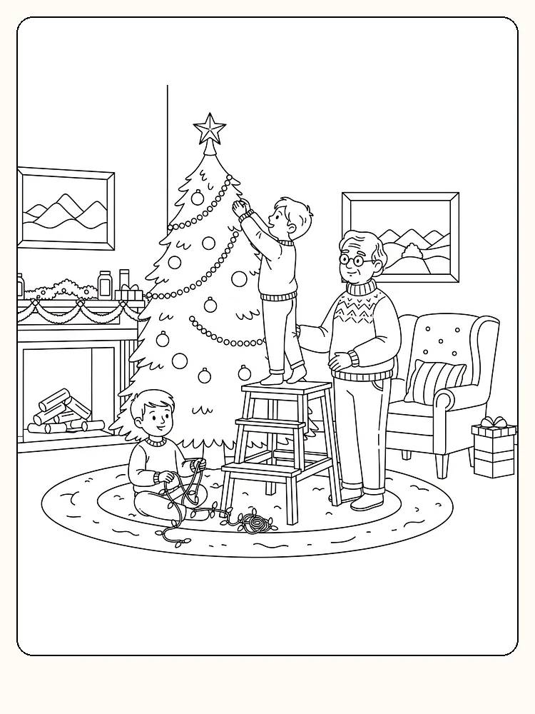 Tegning til farvelægning af en familie, der pynter juletræ, med stjerne i toppen