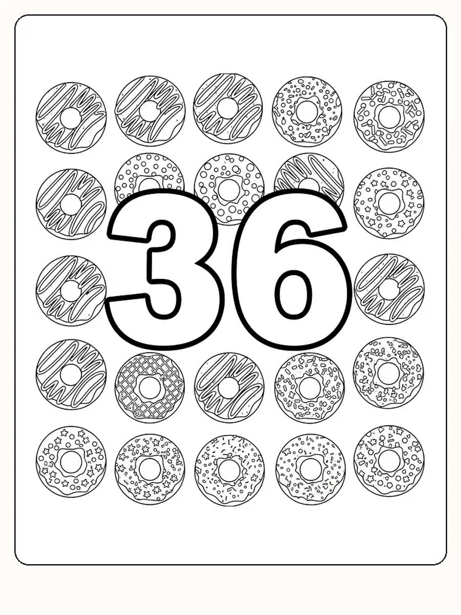 Ausmalbild mit der Nummer 36, umgeben von dekorativen Donuts, perfekt zum Ausdrucken.
