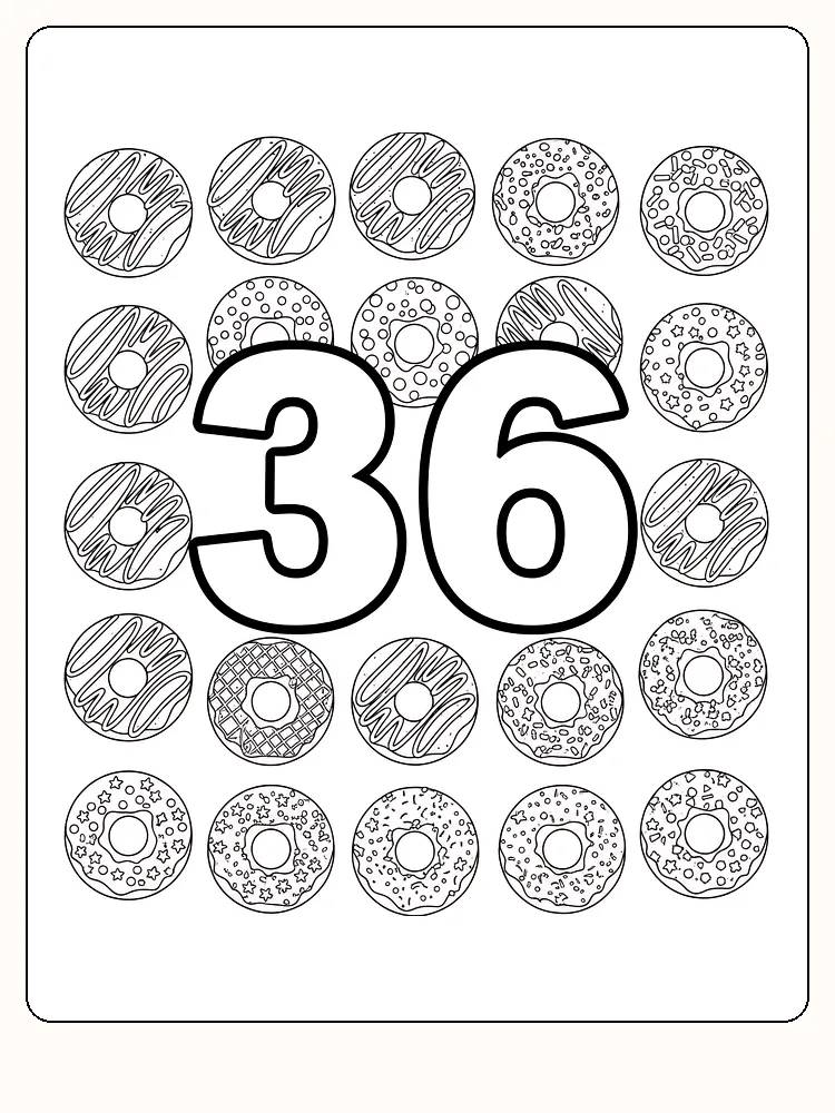 Ausmalbild mit der Nummer 36, umgeben von dekorativen Donuts, perfekt zum Ausdrucken.