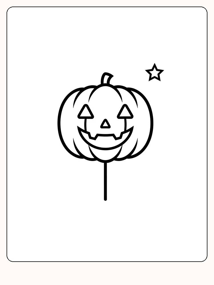 Tegning til farvelægning af et halloweengræskar på pind med en stjerne i baggrunden, klar til print
