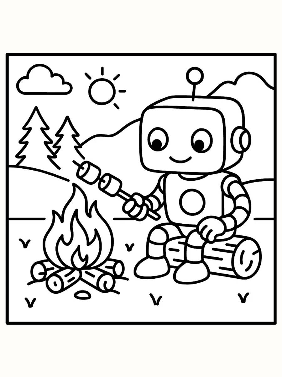 Fargeleggingsbilde av en glad robot som griller marshmallows ved et bål