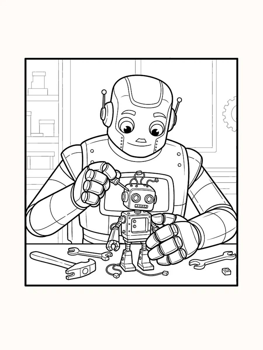 Farvelæg en stor robot, der samler en lille robot på et værksted