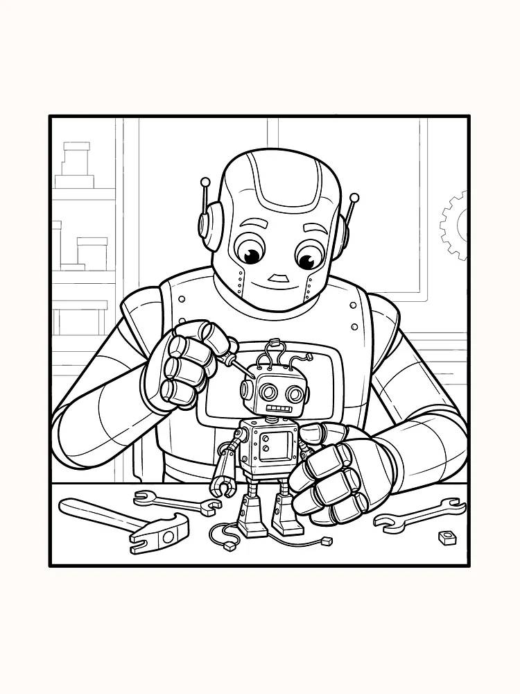 Farvelæg en stor robot, der samler en lille robot på et værksted