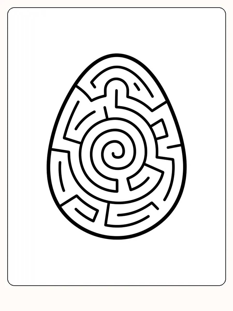Tegning til farvelægning af et æg med spiralformet labyrintmønster, klar til print