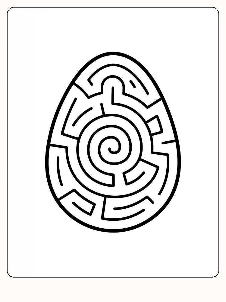 Tegning til farvelægning af et æg med spiralformet labyrintmønster, klar til print