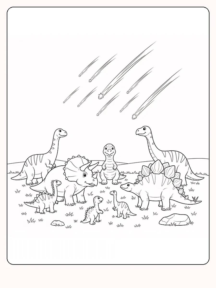 Fargeleggingstegning av dinosaurer under fallende meteorer, klar for utskrift