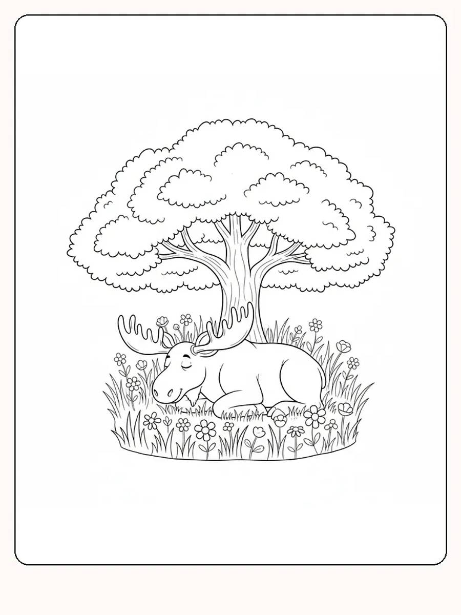 Tegning til farvelægning af en elg, der hviler under et frodigt træ omgivet af blomster, klar til print