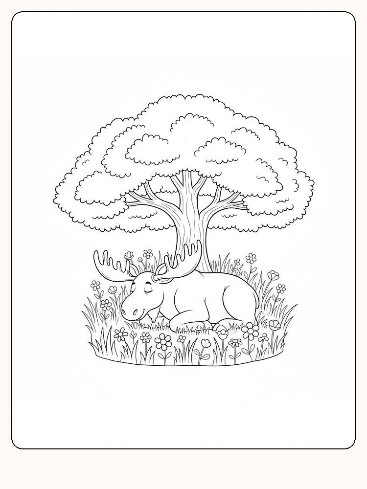 Tegning til farvelægning af en elg, der hviler under et frodigt træ omgivet af blomster, klar til print