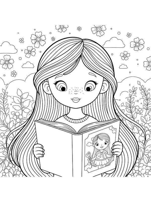 Flicka som läser en bok omgiven av blommor, underkategori