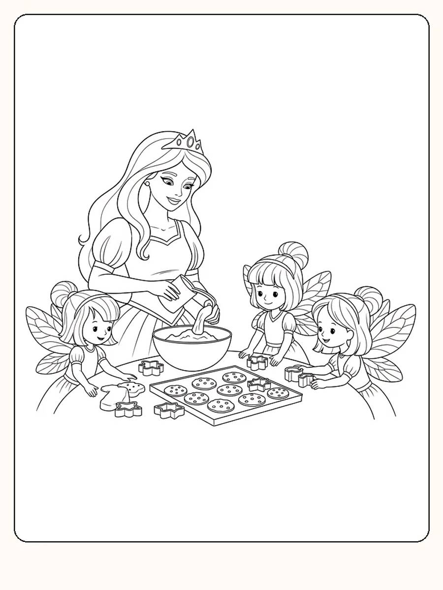 Fargeleggingsbilde av prinsesse som baker med tre små feer, perfekt for barn som liker eventyr