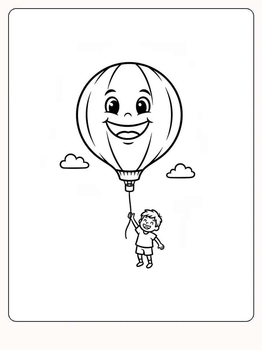 Tegning til farvelægning af varmluftballon med smilende ansigt og et barn, der holder fast i ballonen