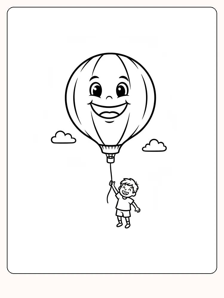 Tegning til farvelægning af varmluftballon med smilende ansigt og et barn, der holder fast i ballonen