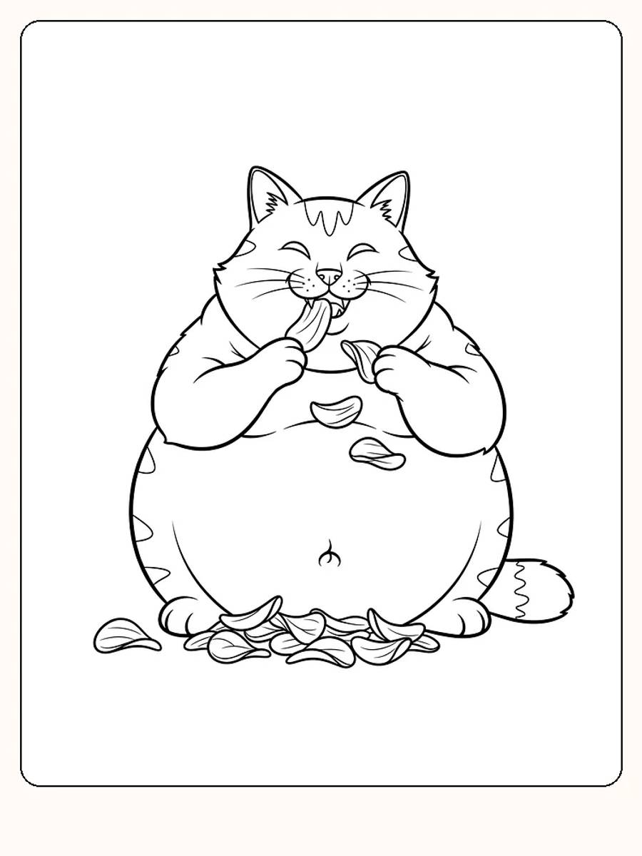 Fargeleggingstegning av en glad katt som spiser chips, perfekt for barn