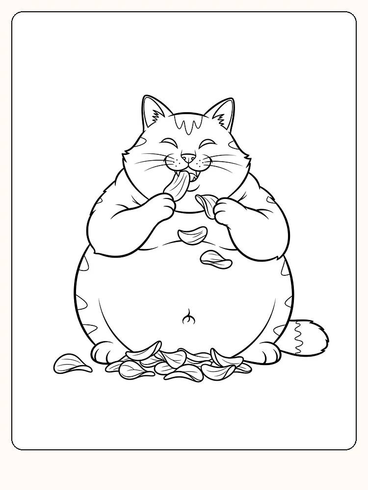 Fargeleggingstegning av en glad katt som spiser chips, perfekt for barn