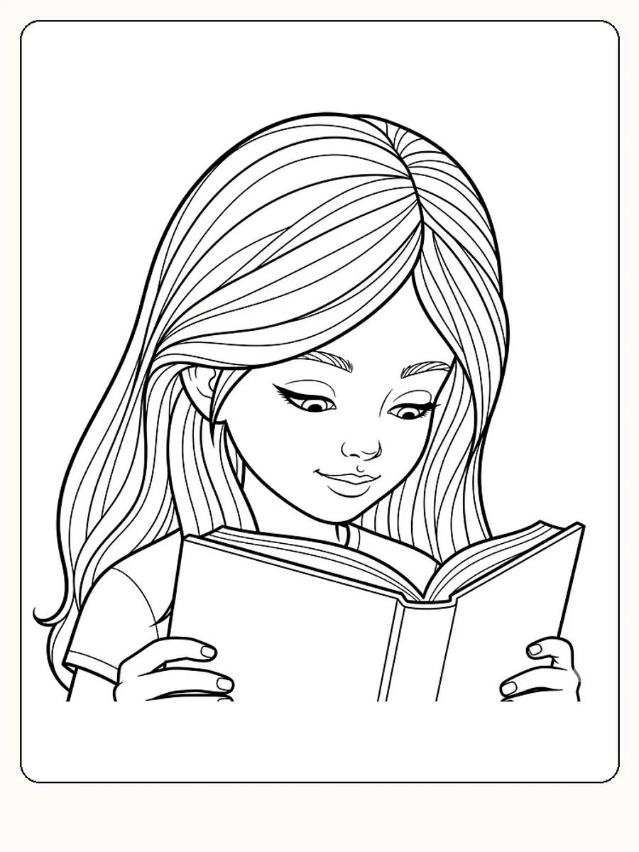 Målarbild av en tjej som läser en bok med koncentrerad blick.