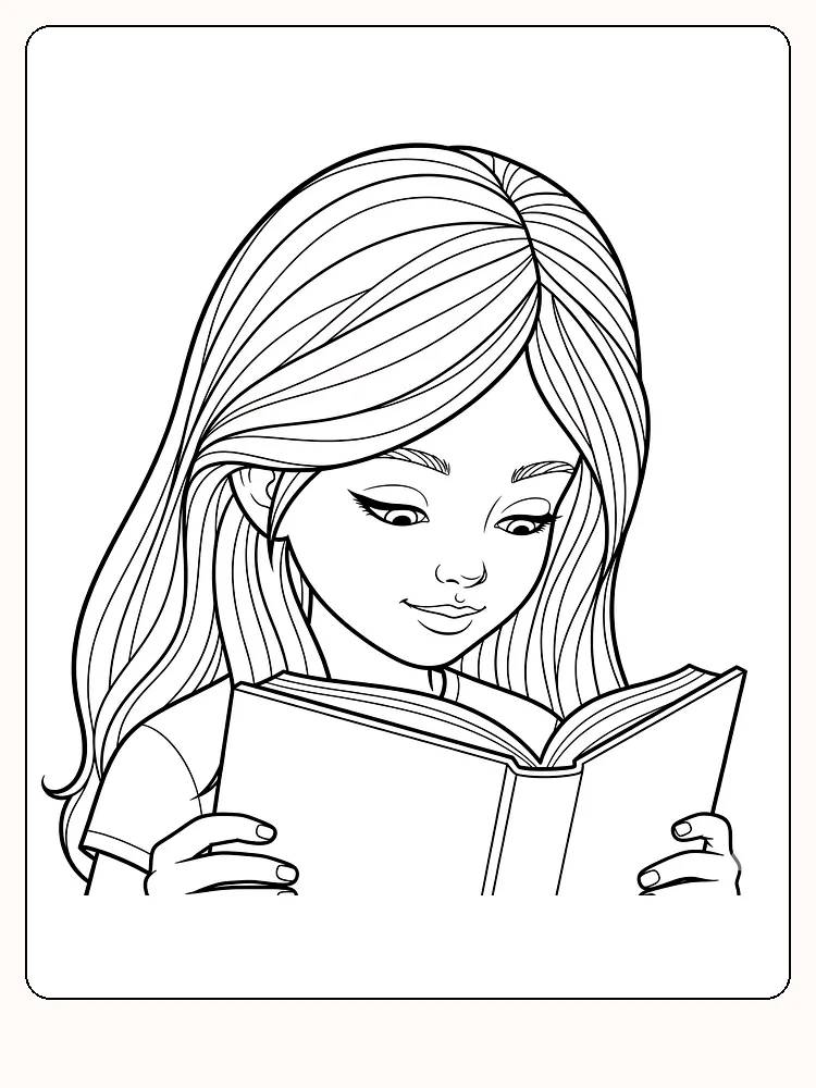 Målarbild av en tjej som läser en bok med koncentrerad blick.