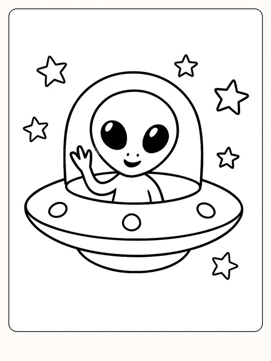 Tegning til farvelægning af en smilende alien, der vinker fra et rumskib omgivet af stjerner, klar til download