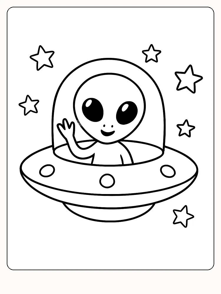 Tegning til farvelægning af en smilende alien, der vinker fra et rumskib omgivet af stjerner, klar til download