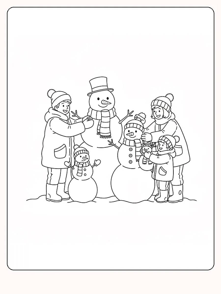 Tegning av familie som lager snømenn. Perfekt for fargelegging