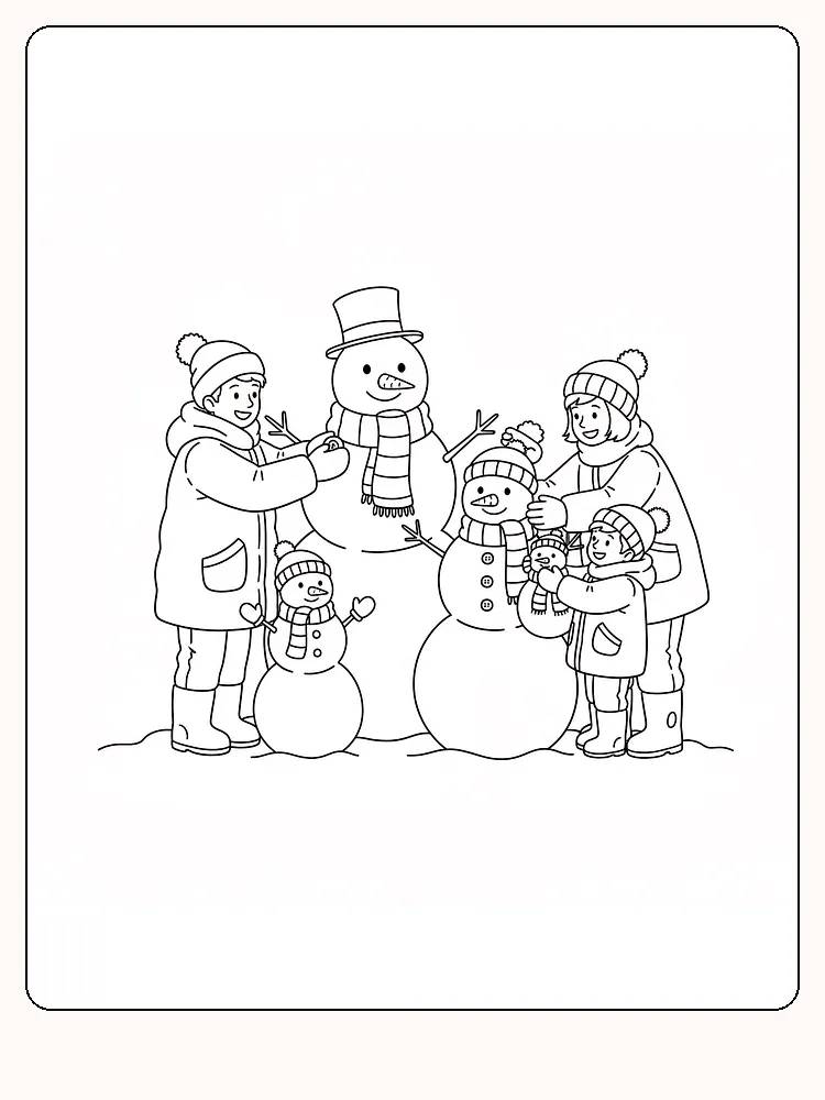 Tegning av familie som lager snømenn. Perfekt for fargelegging