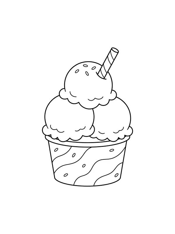 Pot de glace avec trois boules et un bâtonnet de biscuit