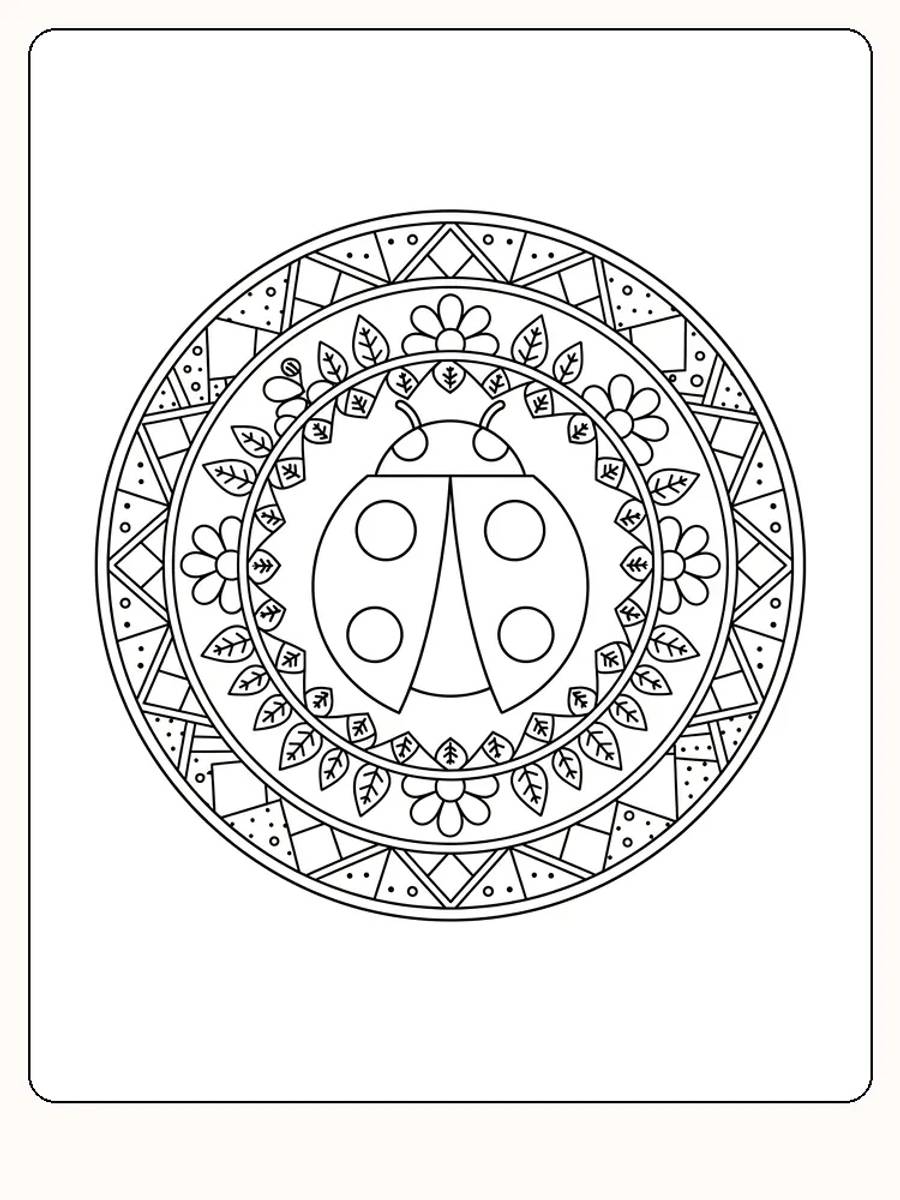 Detaljert mandala med marihøne omgitt av blomster og blader, for nedlasting og fargelegging