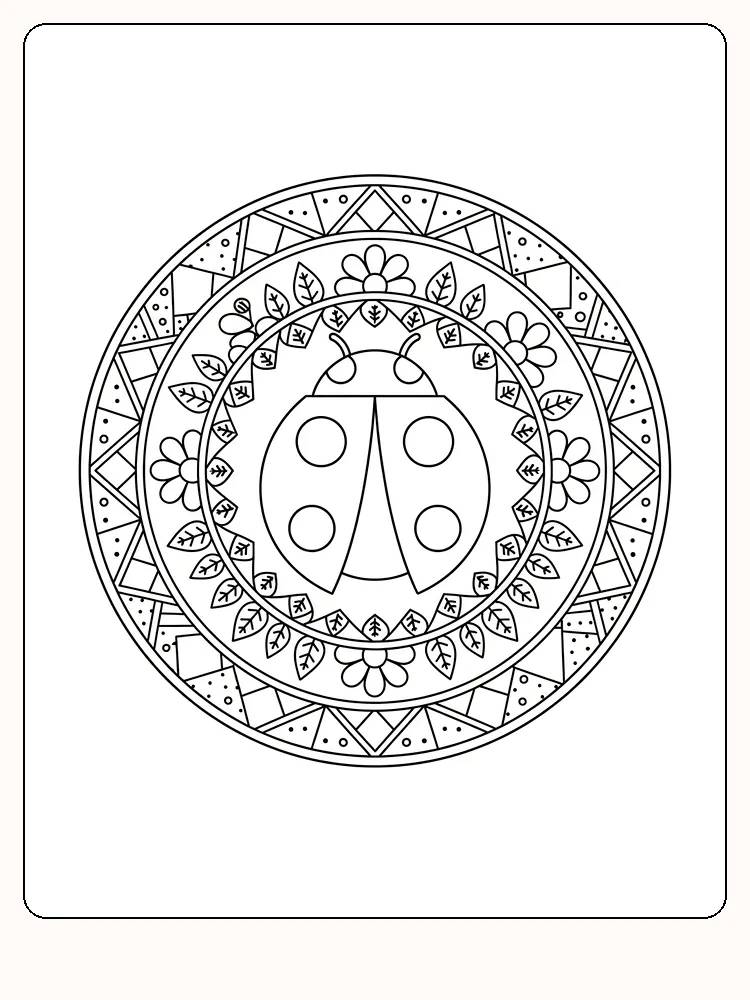 Detaljert mandala med marihøne omgitt av blomster og blader, for nedlasting og fargelegging