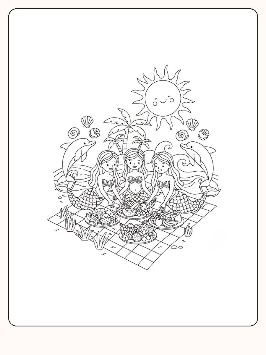 Tegning til farvelægning af tre havfruer på picnic med delfiner og en sol, klar til print