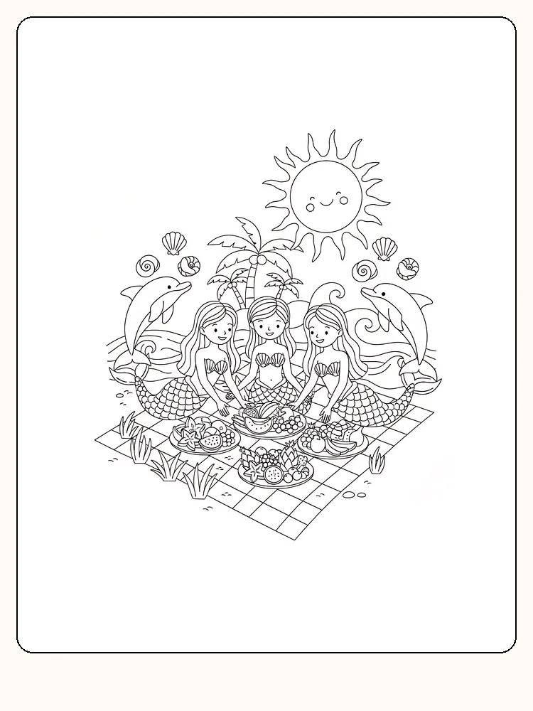 Tegning til farvelægning af tre havfruer på picnic med delfiner og en sol, klar til print