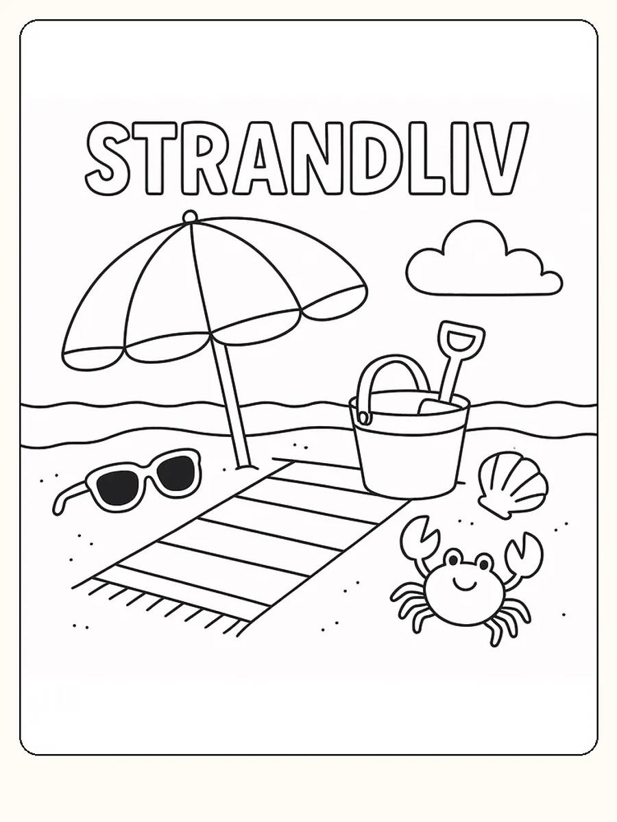 Fargeleggingstegning av strand med paraply, krabbe og bøtte, klar for utskrift