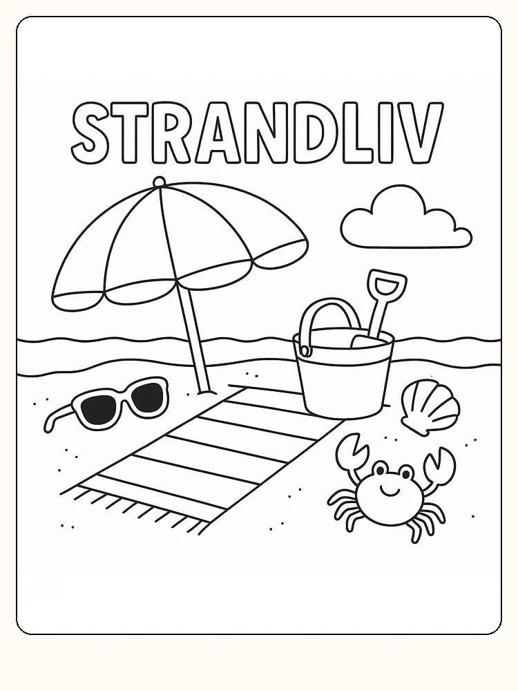 Fargeleggingstegning av strand med paraply, krabbe og bøtte, klar for utskrift