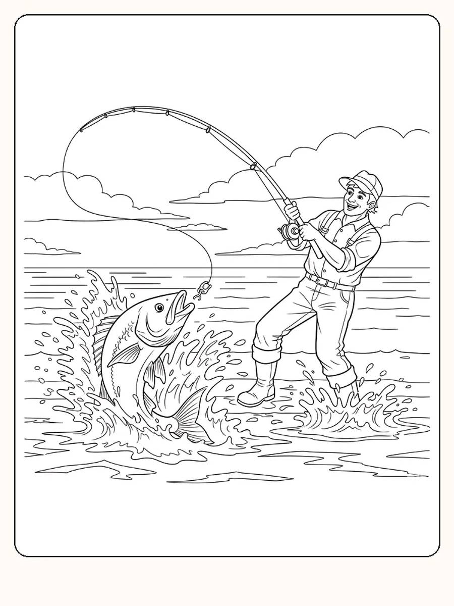Mand, der fanger en stor fisk i havet, klar til farvelægning