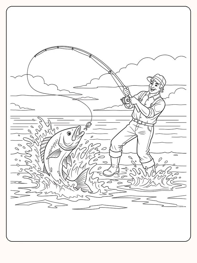 Mand, der fanger en stor fisk i havet, klar til farvelægning