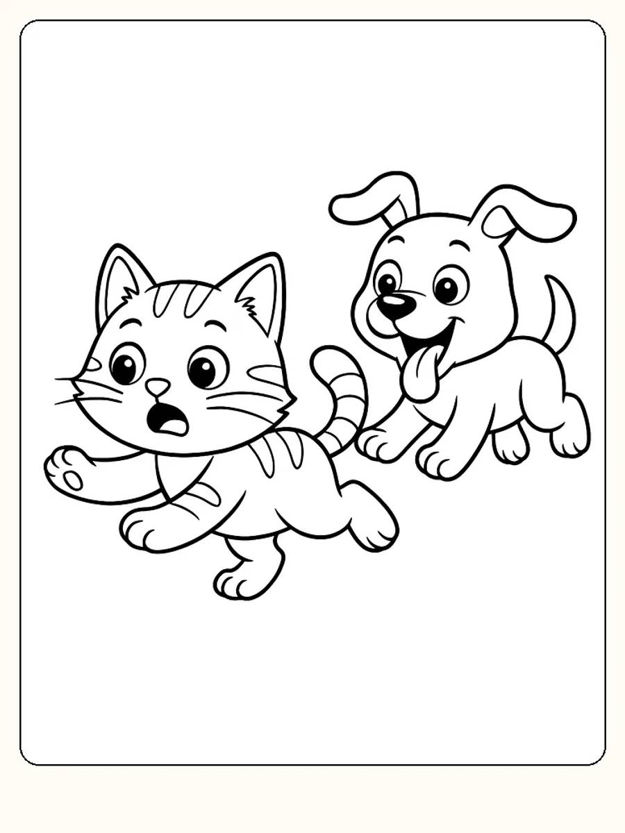 Fargeleggingsbilde av en katt og hund som leker sammen, klar for utskrift