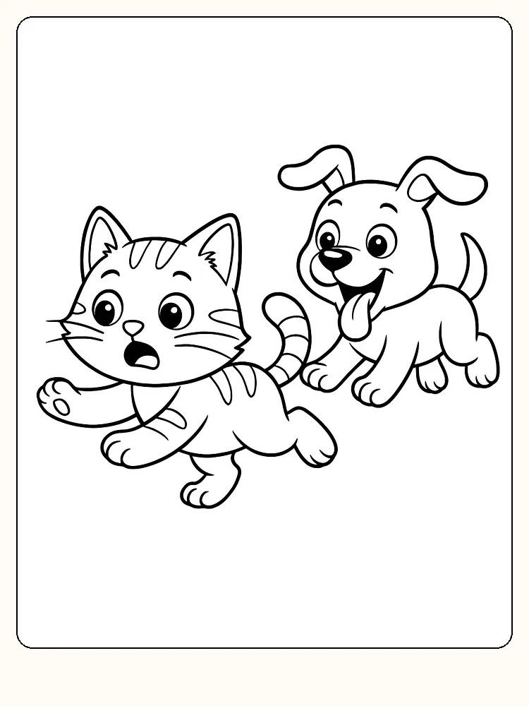 Fargeleggingsbilde av en katt og hund som leker sammen, klar for utskrift