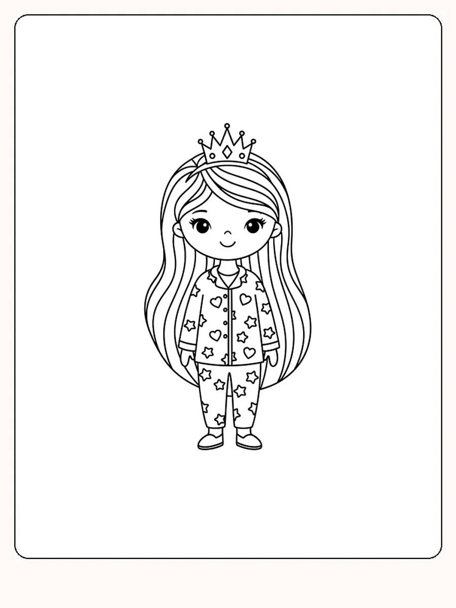 Tegning til farvelægning af en lille prinsesse med krone og stjernemønstret pyjamas